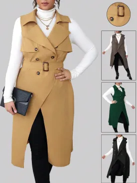 Plus Size Suit Collar Belted Vest Trench Coat