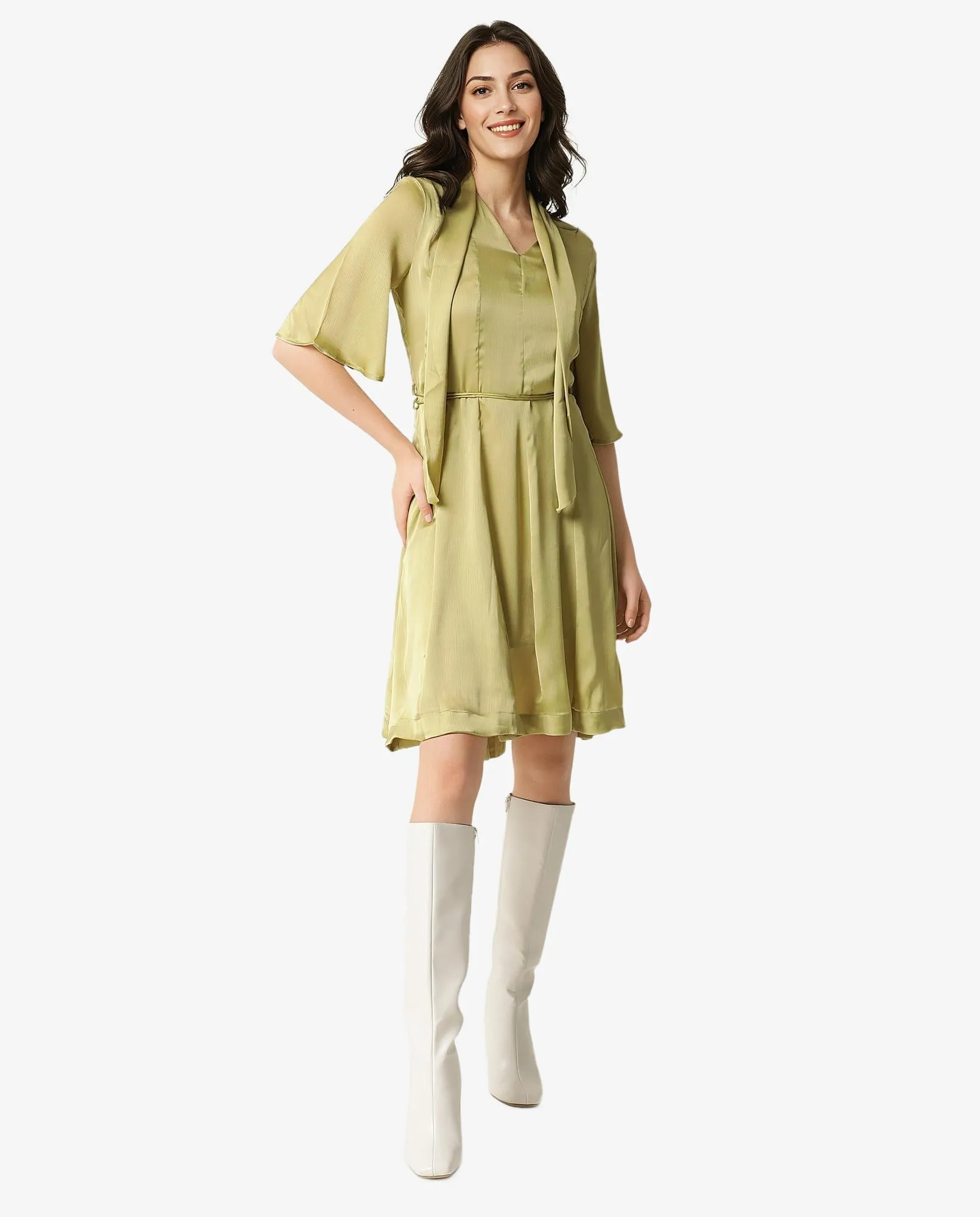 Rareism Women Skrill Green V Neck With Tie Up Flared Sleeves Mini Dress