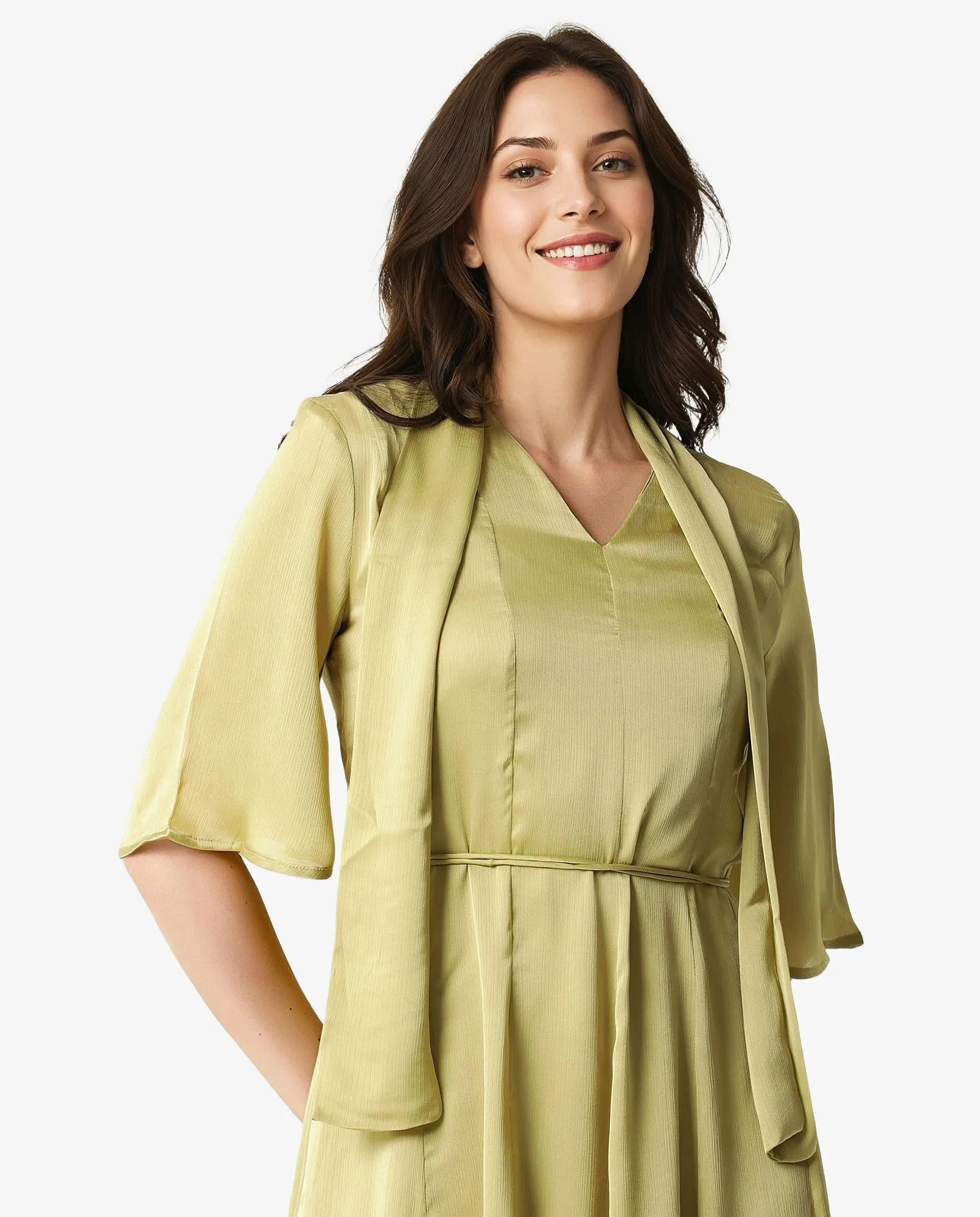 Rareism Women Skrill Green V Neck With Tie Up Flared Sleeves Mini Dress