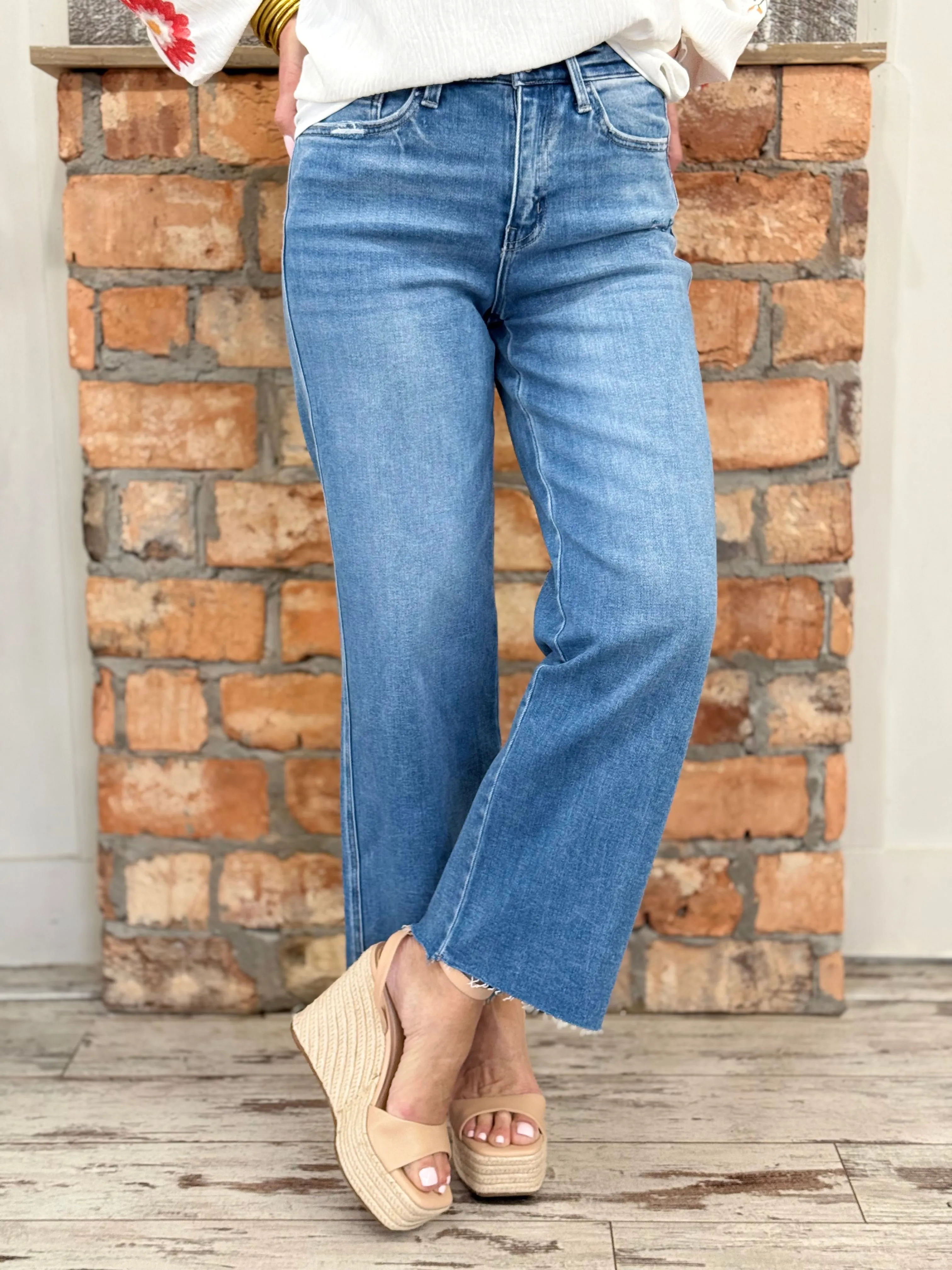 Raw Hem Slim Wide Leg Jeans