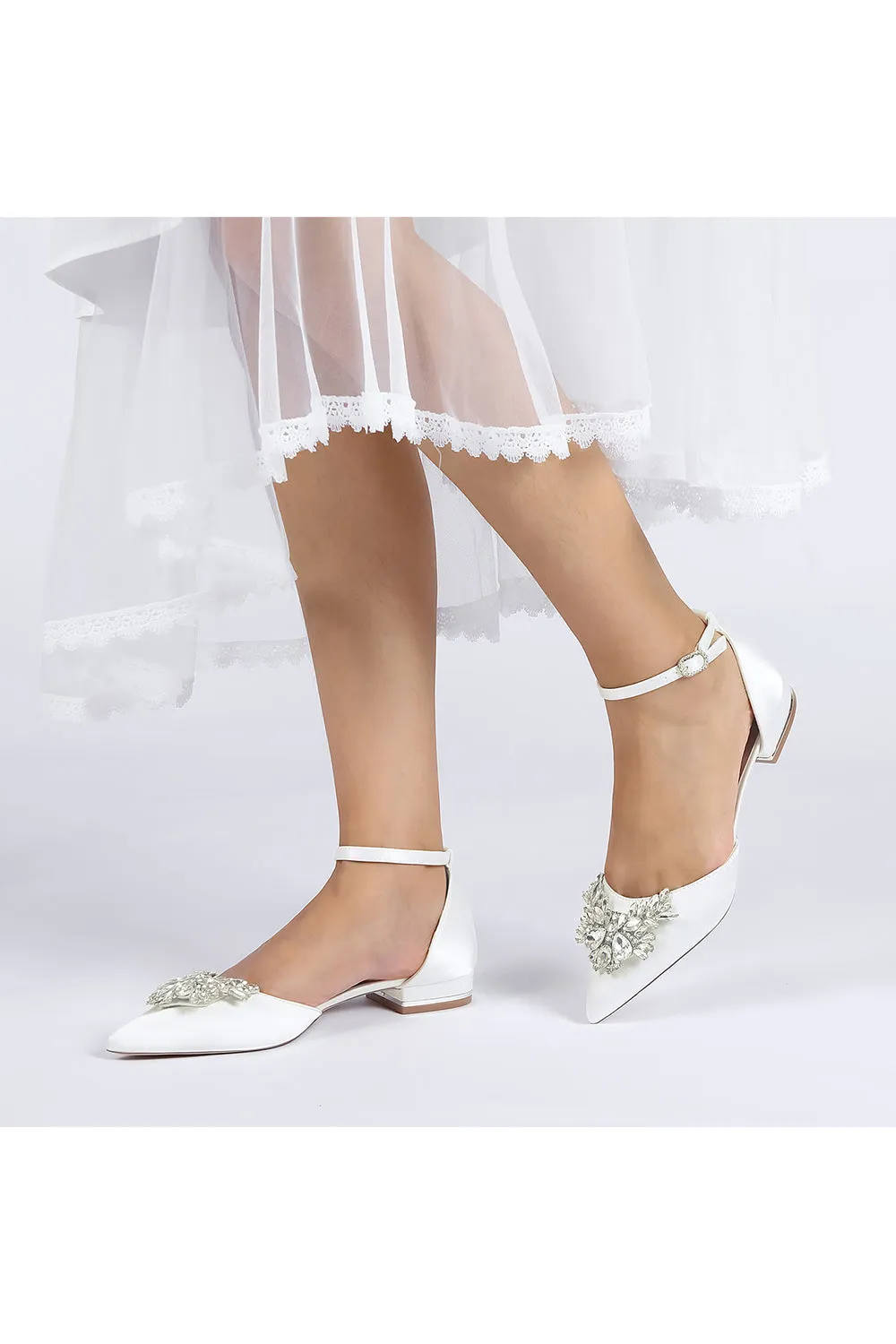 Rhinestone Pointed Toe Ankle Strap Kitten Heels