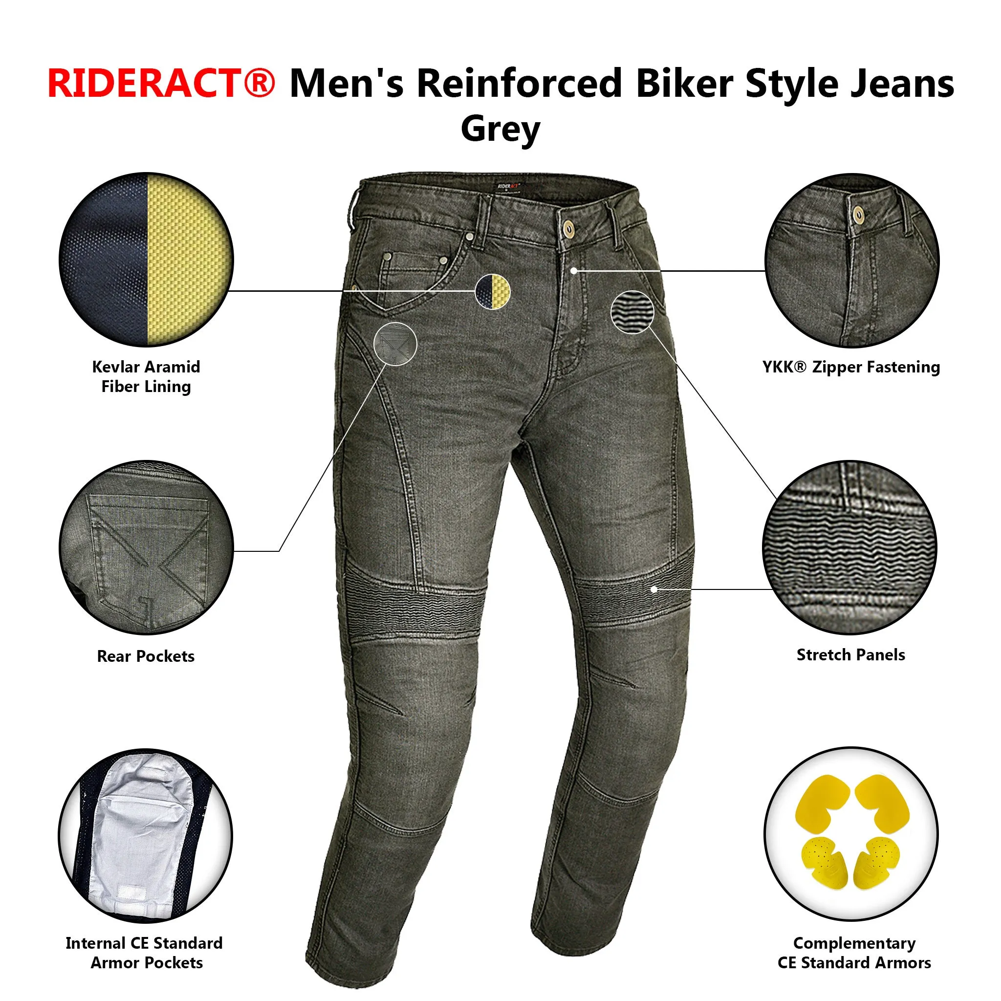 RIDERACT® Men's Motorcycle Jeans Grey Reinforced with Aramid Fiber