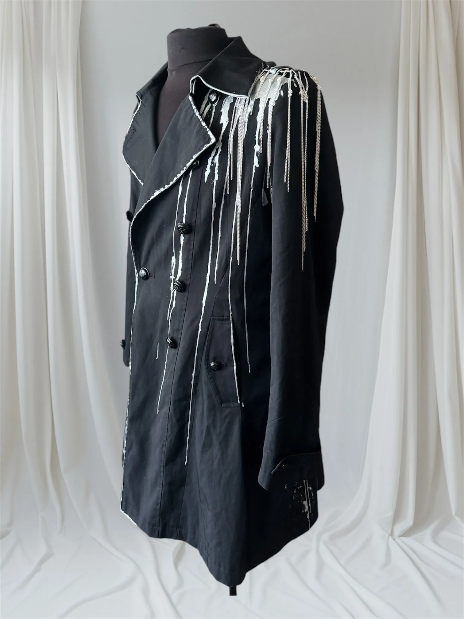 Silver Metallic Drip & Chained Mens Trench Coat, Large