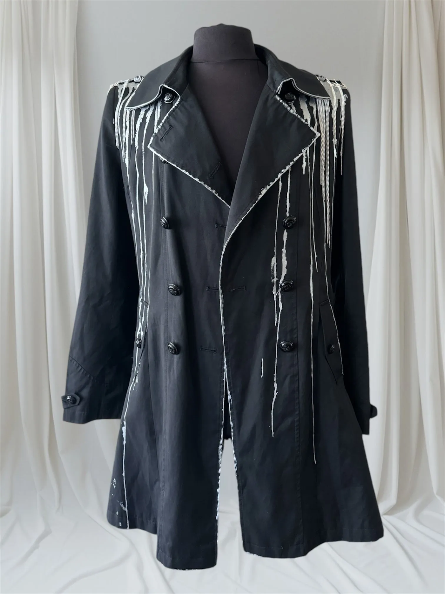 Silver Metallic Drip & Chained Mens Trench Coat, Large