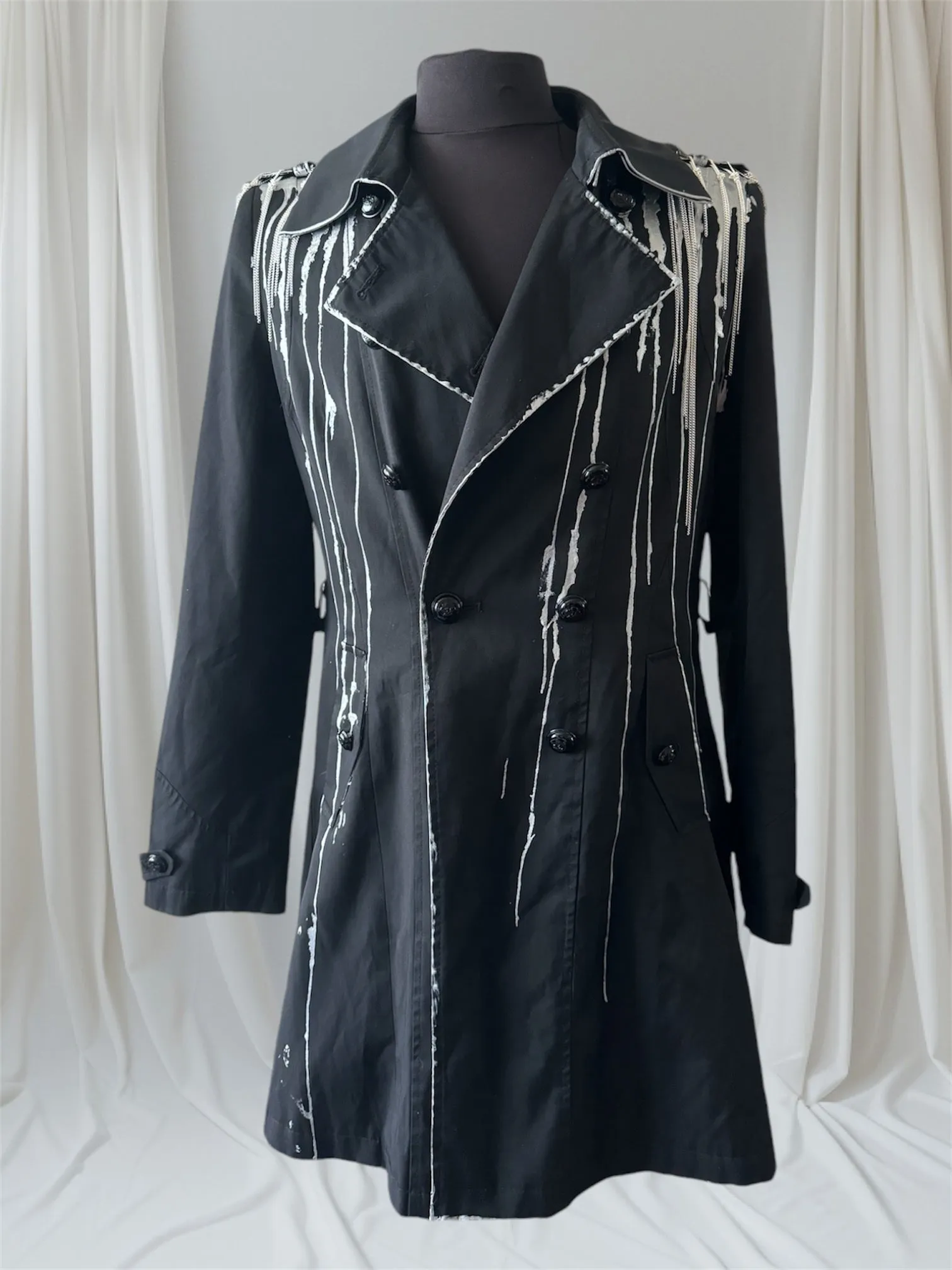 Silver Metallic Drip & Chained Mens Trench Coat, Large