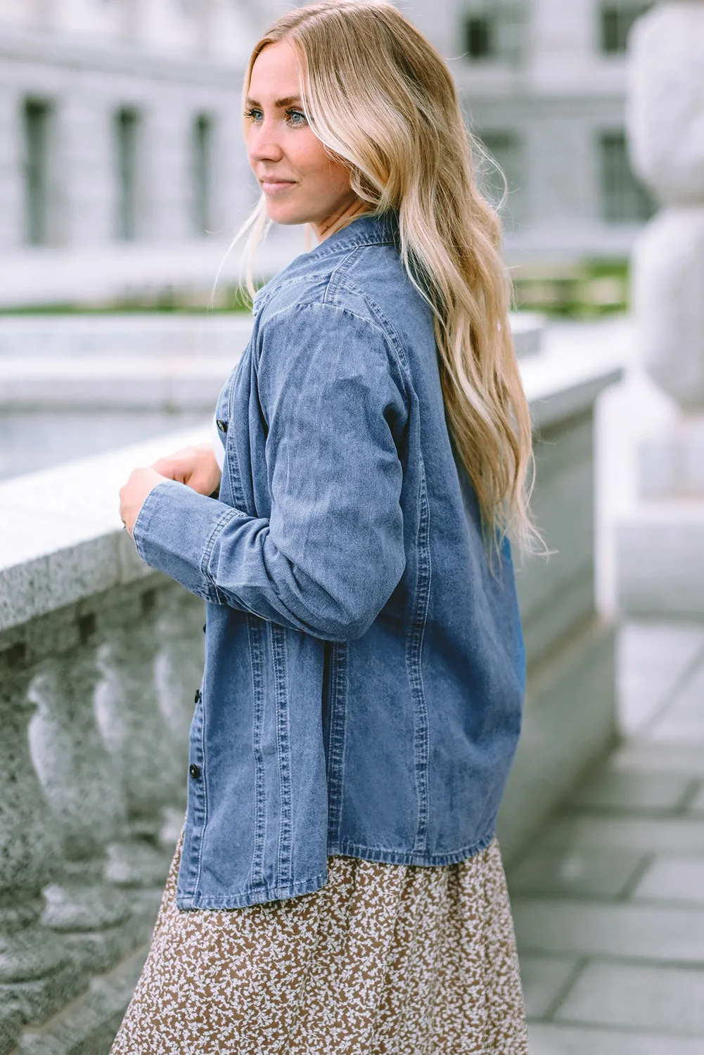 Sky Blue Button-up Long Sleeve Denim Shirt Jacket