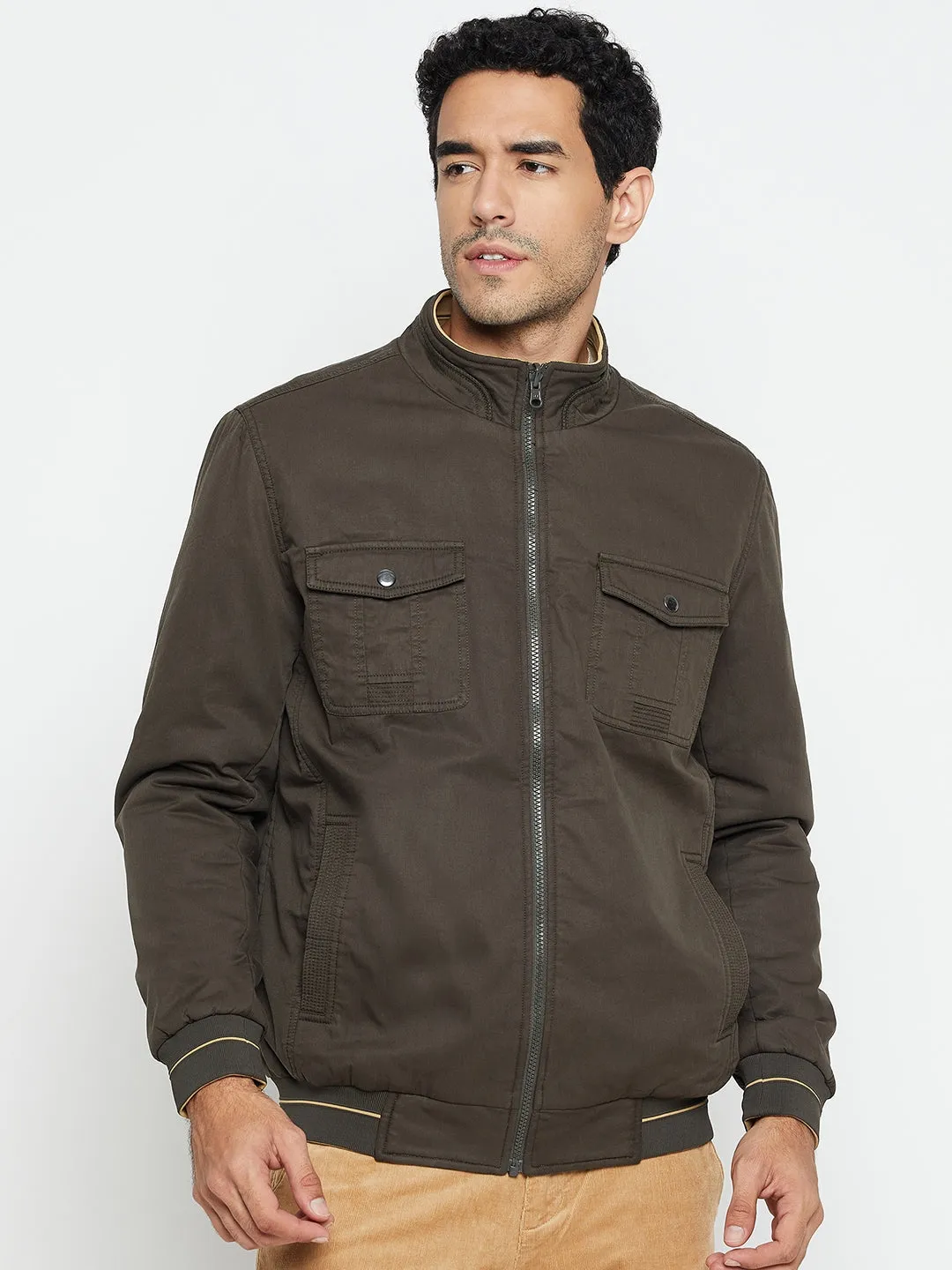 Solid Olive and Khaki Full Sleeves Mock Collar Regular Fit Reversible Casual Jacket for Men