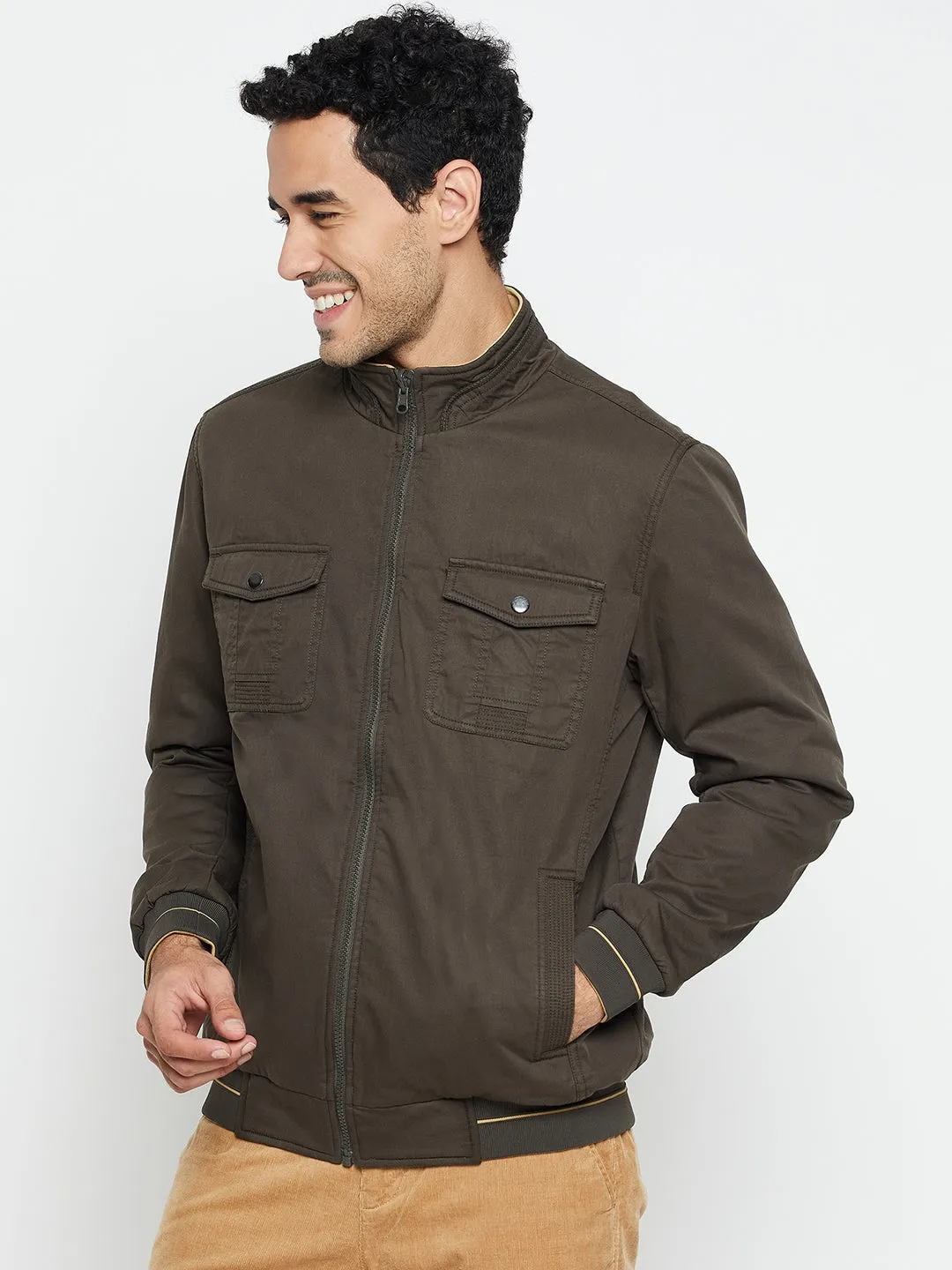 Solid Olive and Khaki Full Sleeves Mock Collar Regular Fit Reversible Casual Jacket for Men