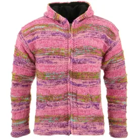 Space Dye Chunky Wool Knit Ribbed Hooded Cardigan Jacket - Pink