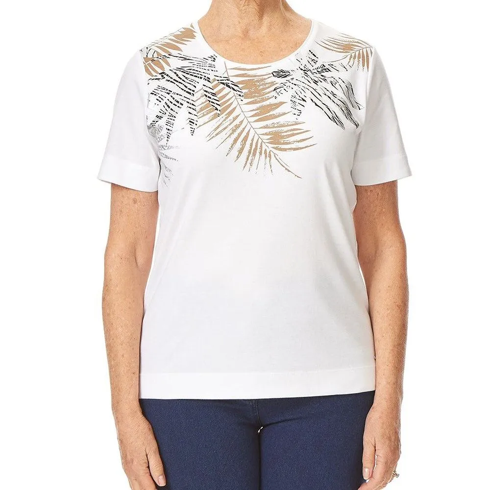 Tigi 22/24 White Leaf Print Placement Crew Neck Top