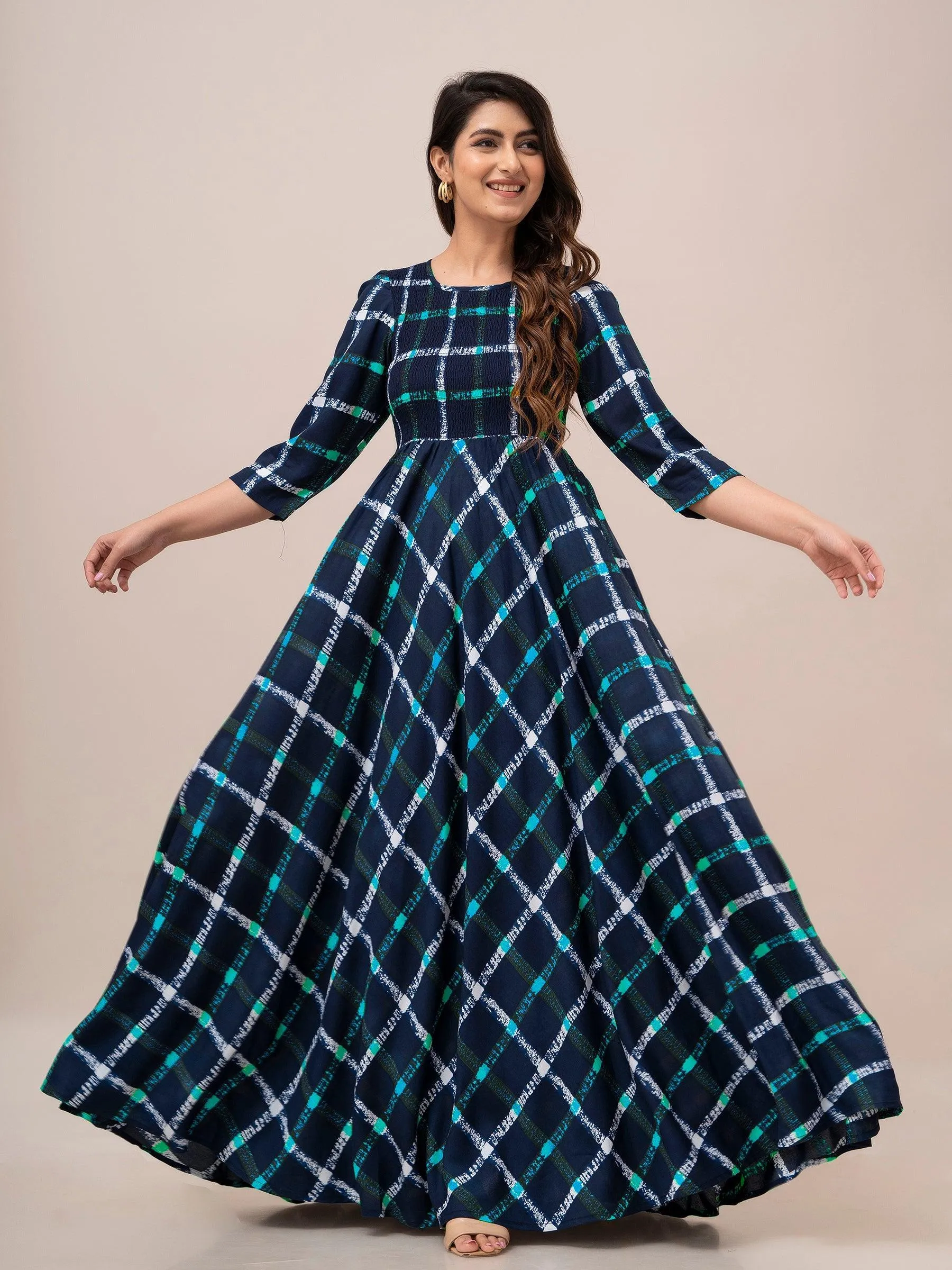 Turquoise Checkered Print Smocked Maxi Fit and Flare Dress - SHKUP1319