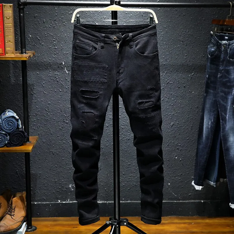 West Louis™ Black Patchwork Stretch Hip Hop Denim Jean Pants