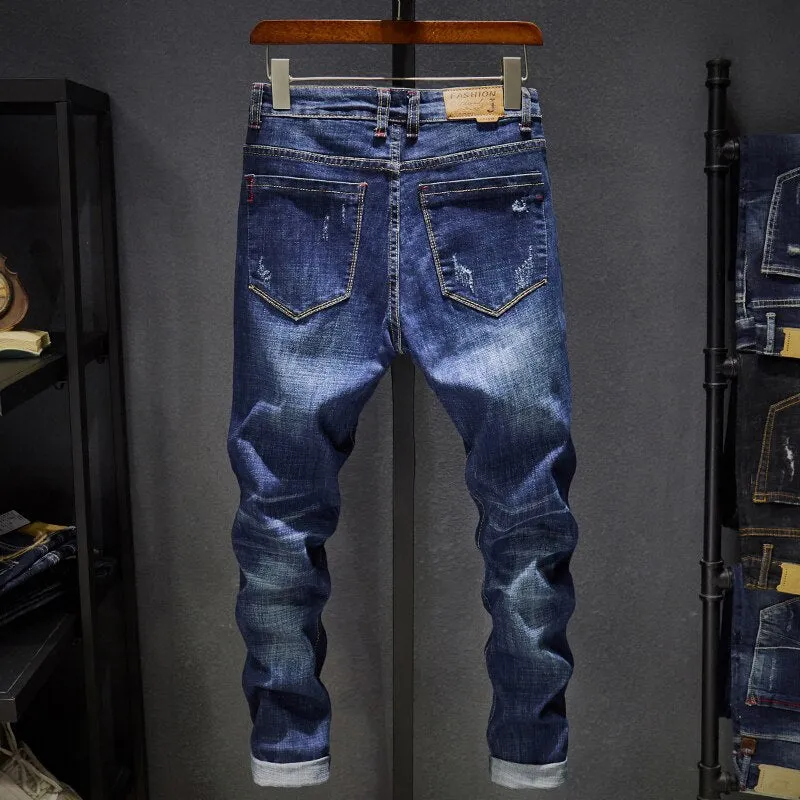 West Louis™ Distressed Ripped Dark Blue Denim Jeans