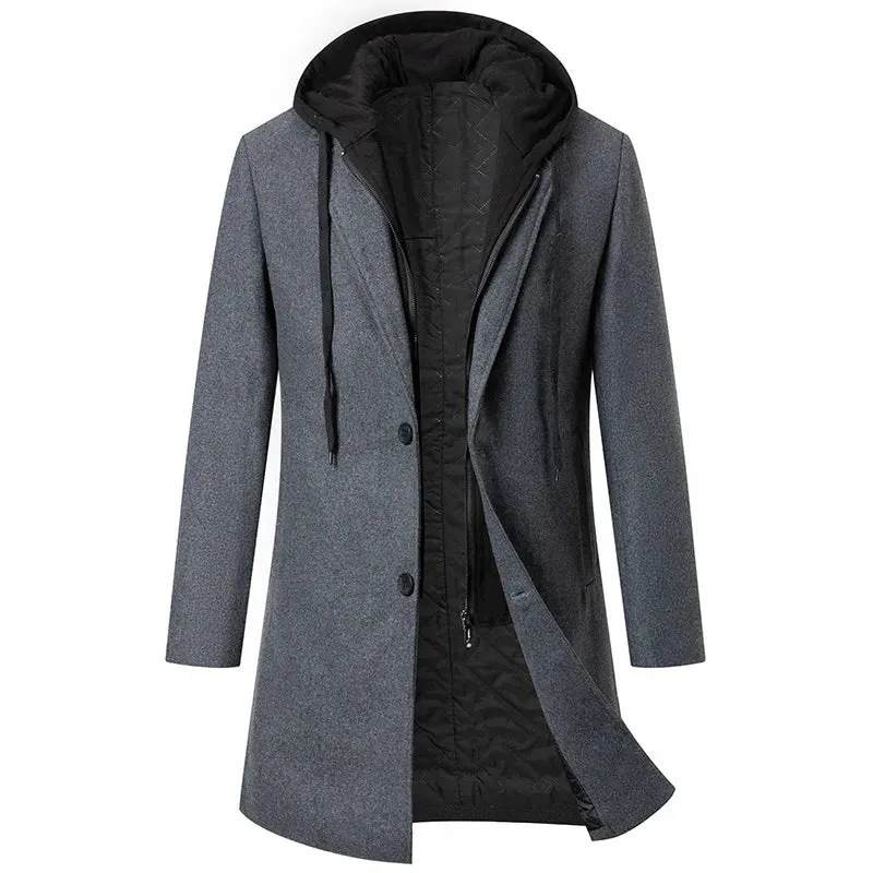 WIAOFELLAS  -  Autumn Winter Men's Hooded Woolen Blends Coats Fashion Long Slim Casual Wool Coats Men Solid Business Hooded Trench Man Clothing