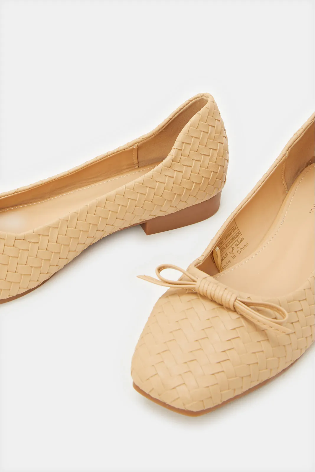 Women Beige Embossed Bow Trim Ballerina