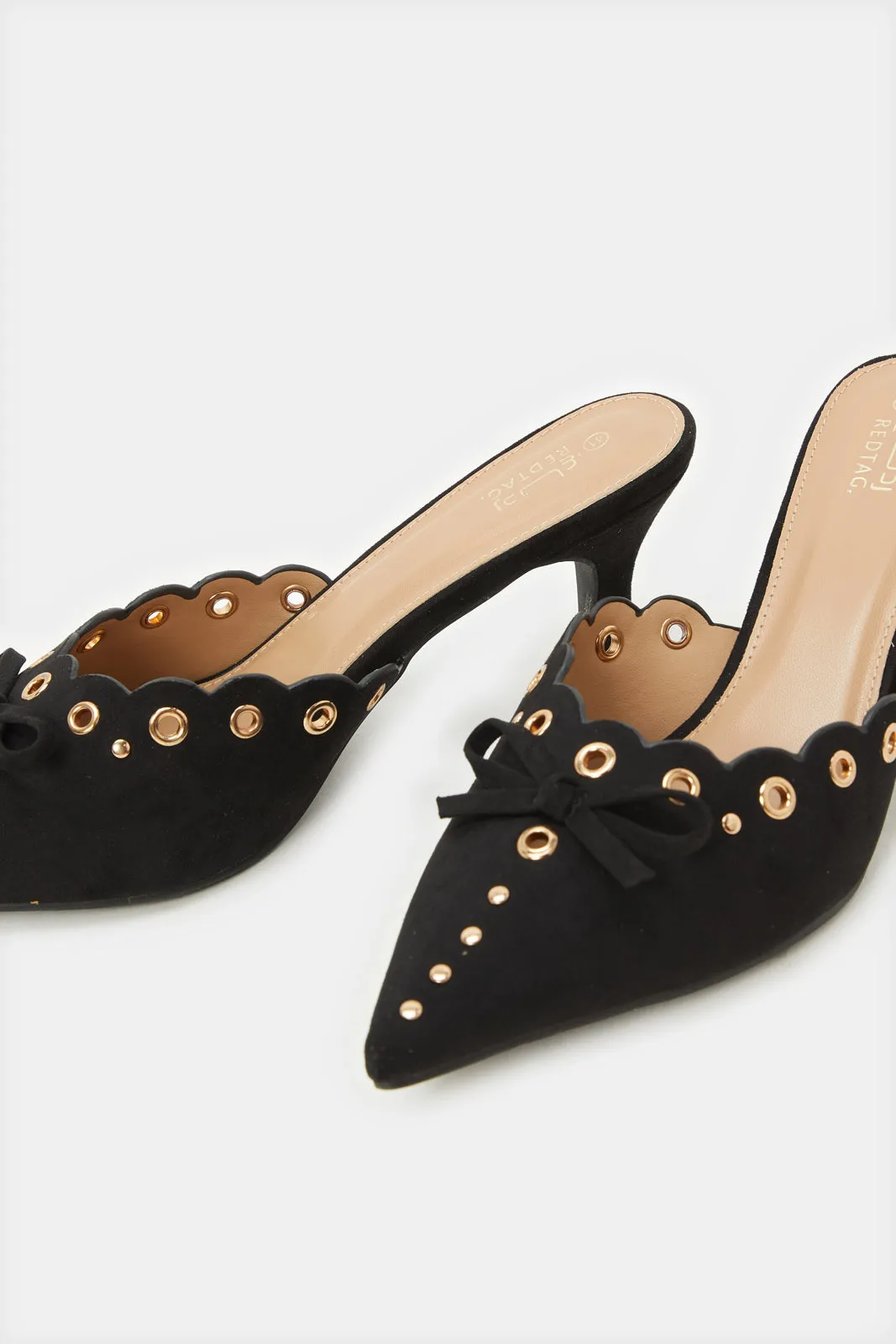 Women Black Mule With Eyelet Trim Heels