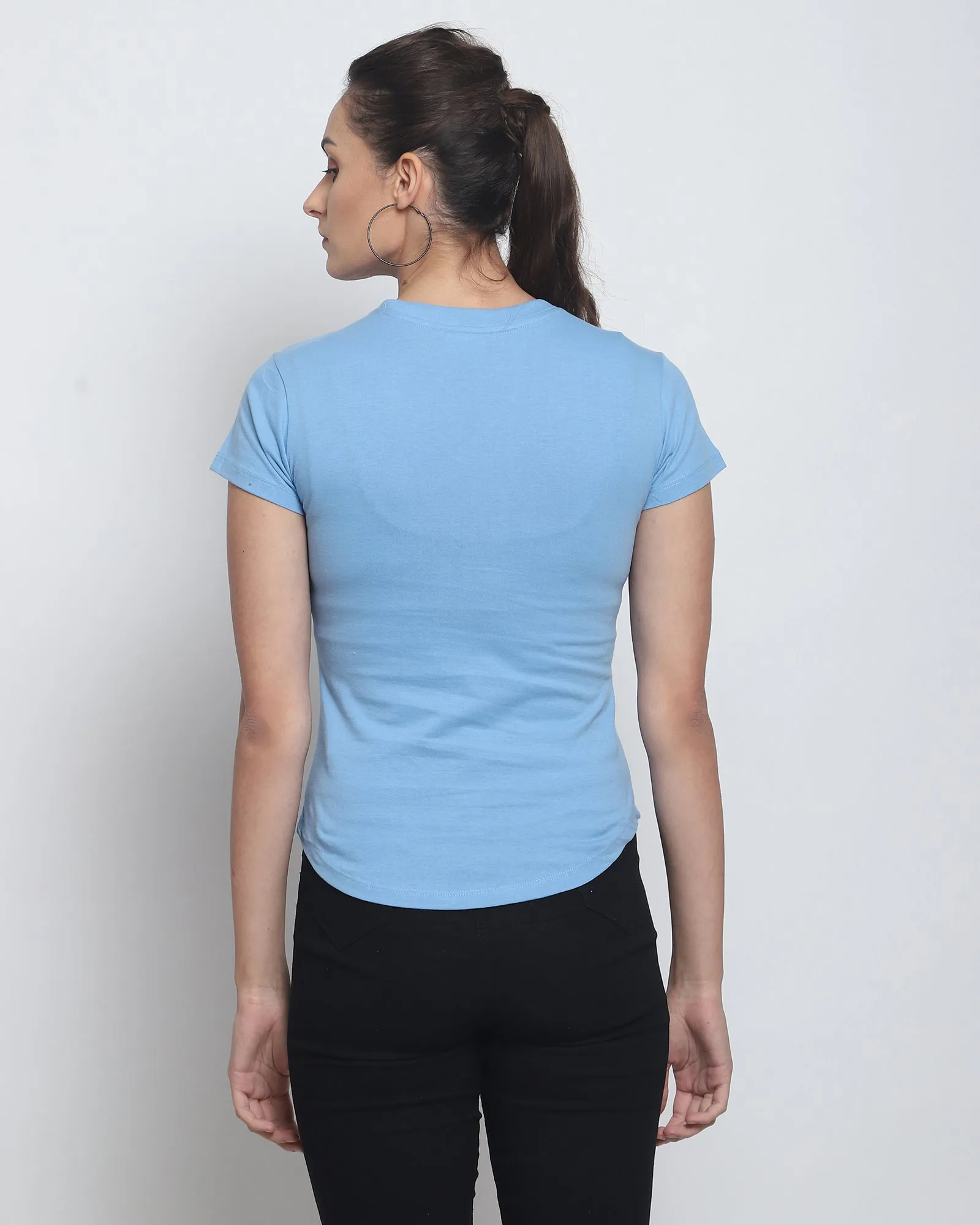 Women Crew Neck Top: Cyan Blue