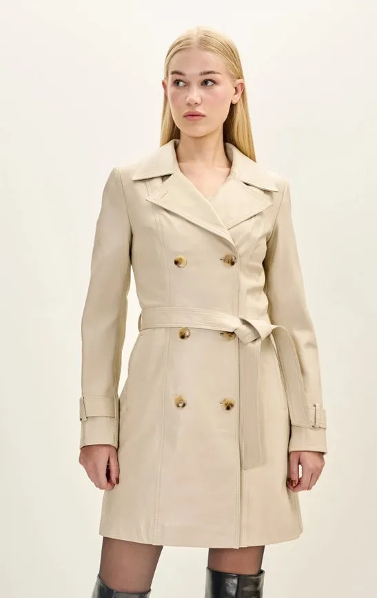 Women’S Lambskin Leather Double Breasted Trench Coat - Beige