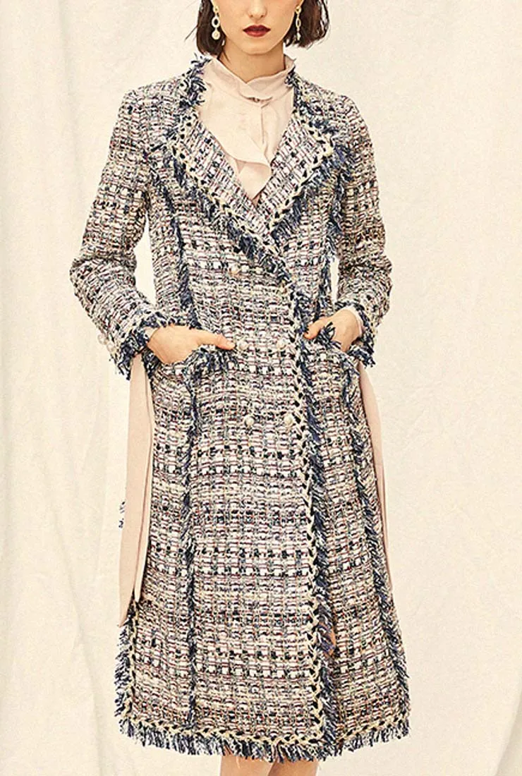 Womens Tassel Tweed Lapel Collar Long Coat