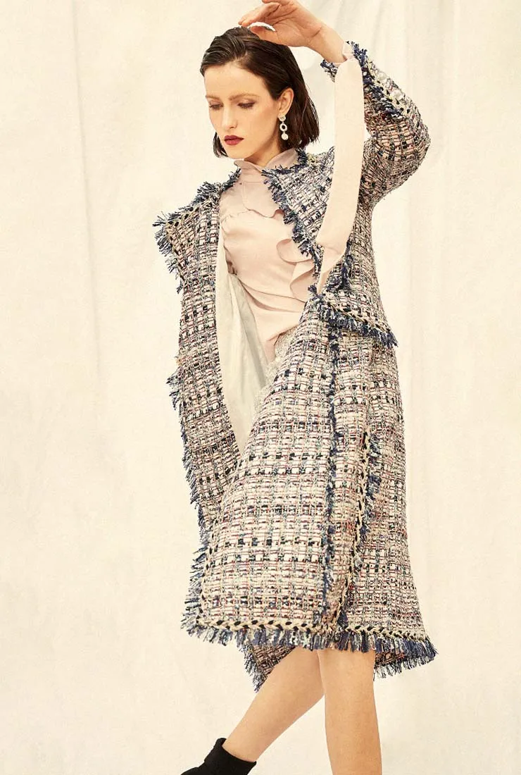 Womens Tassel Tweed Lapel Collar Long Coat