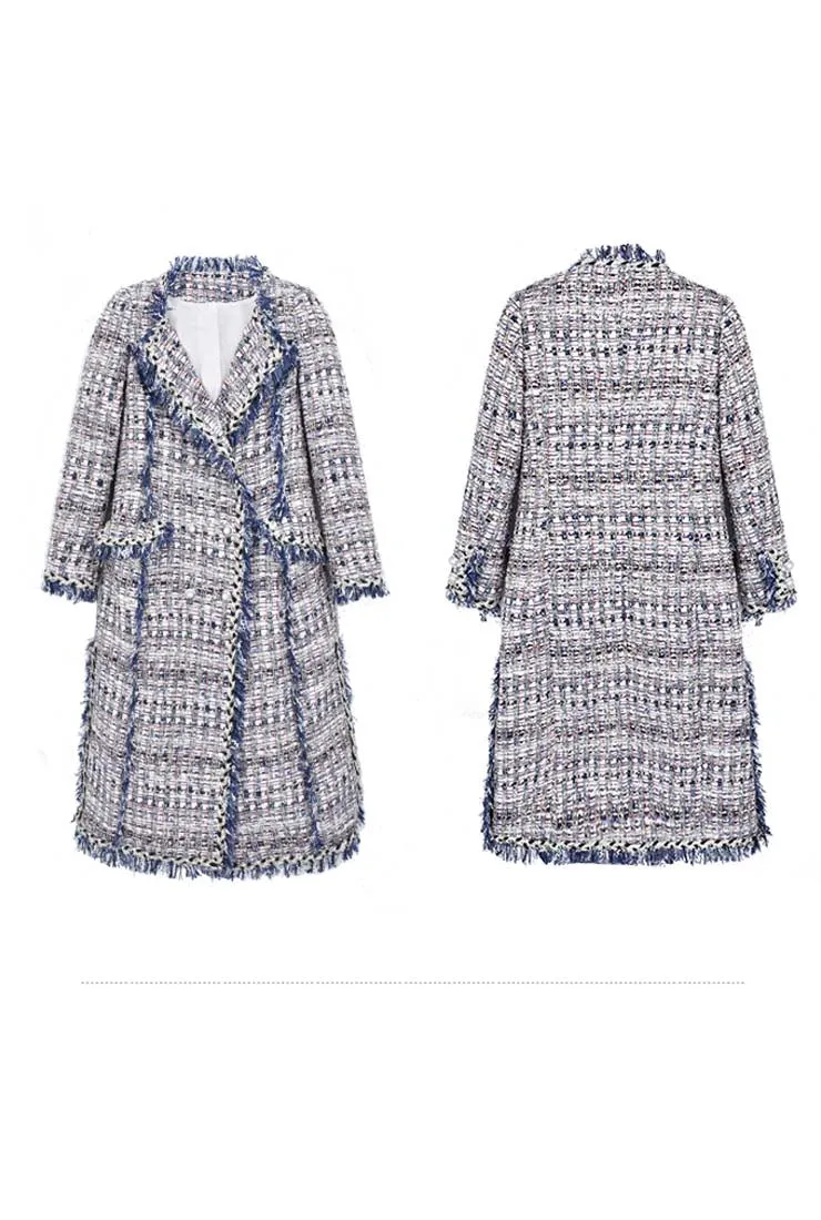 Womens Tassel Tweed Lapel Collar Long Coat