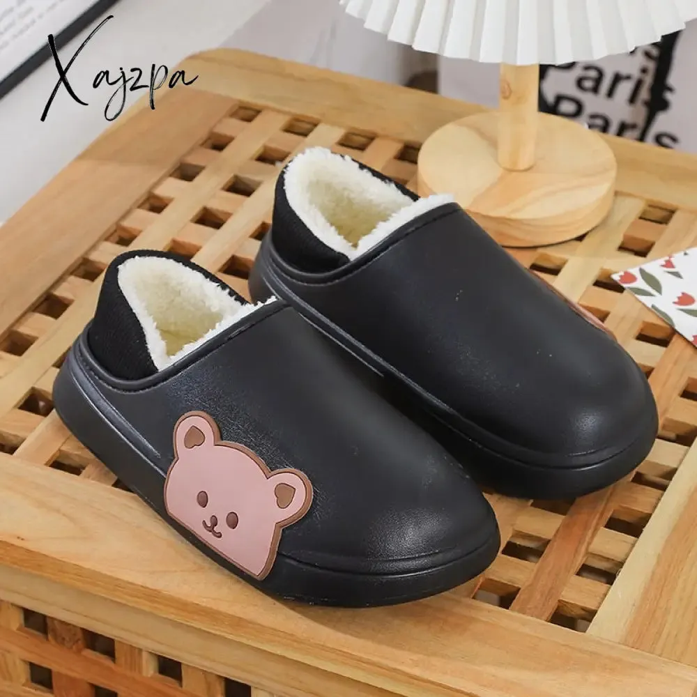 Xajzpa - Winter Women Men Slippers Thick Platform Waterproof Cotton Shoes Indoor Warm Fur Flat Slides Non-slip Cute Bear Cartoon Slipper