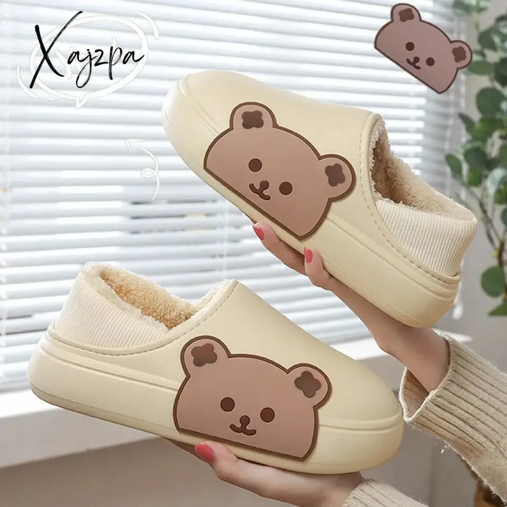 Xajzpa - Winter Women Men Slippers Thick Platform Waterproof Cotton Shoes Indoor Warm Fur Flat Slides Non-slip Cute Bear Cartoon Slipper