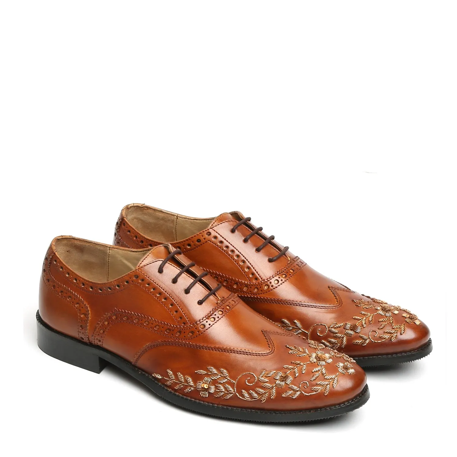 Zardosi Wingtip Oxford Lace-Up Formal Shoes in Tan genuine Leather by Brune & Bareskin