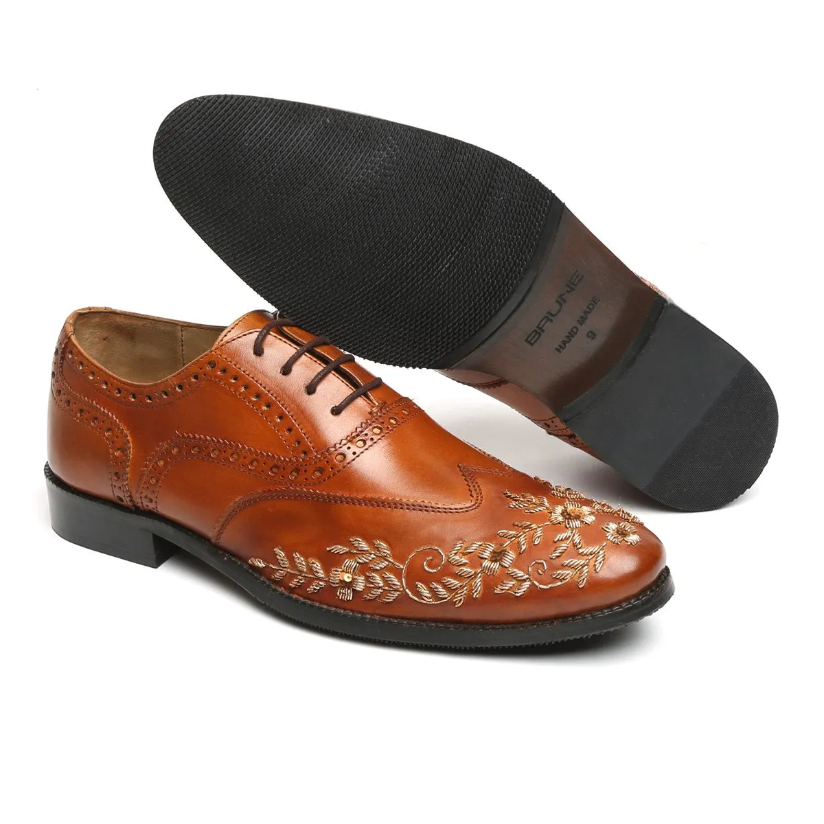 Zardosi Wingtip Oxford Lace-Up Formal Shoes in Tan genuine Leather by Brune & Bareskin