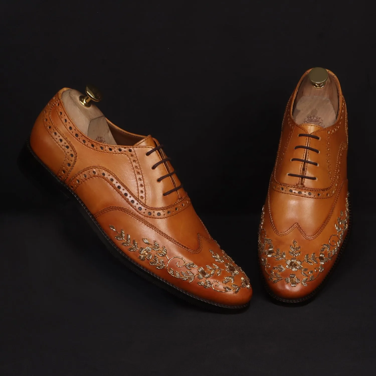 Zardosi Wingtip Oxford Lace-Up Formal Shoes in Tan genuine Leather by Brune & Bareskin